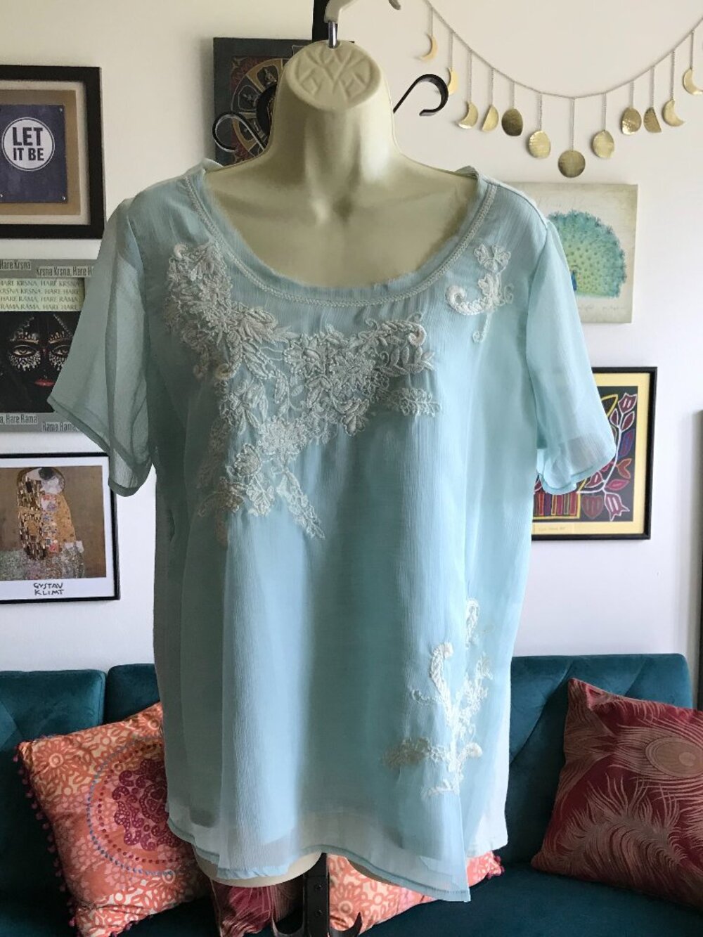 SOFT SURROUNDINGS size M Sheer Artisan Embroidered Chiffon Overlay Fairycore Top